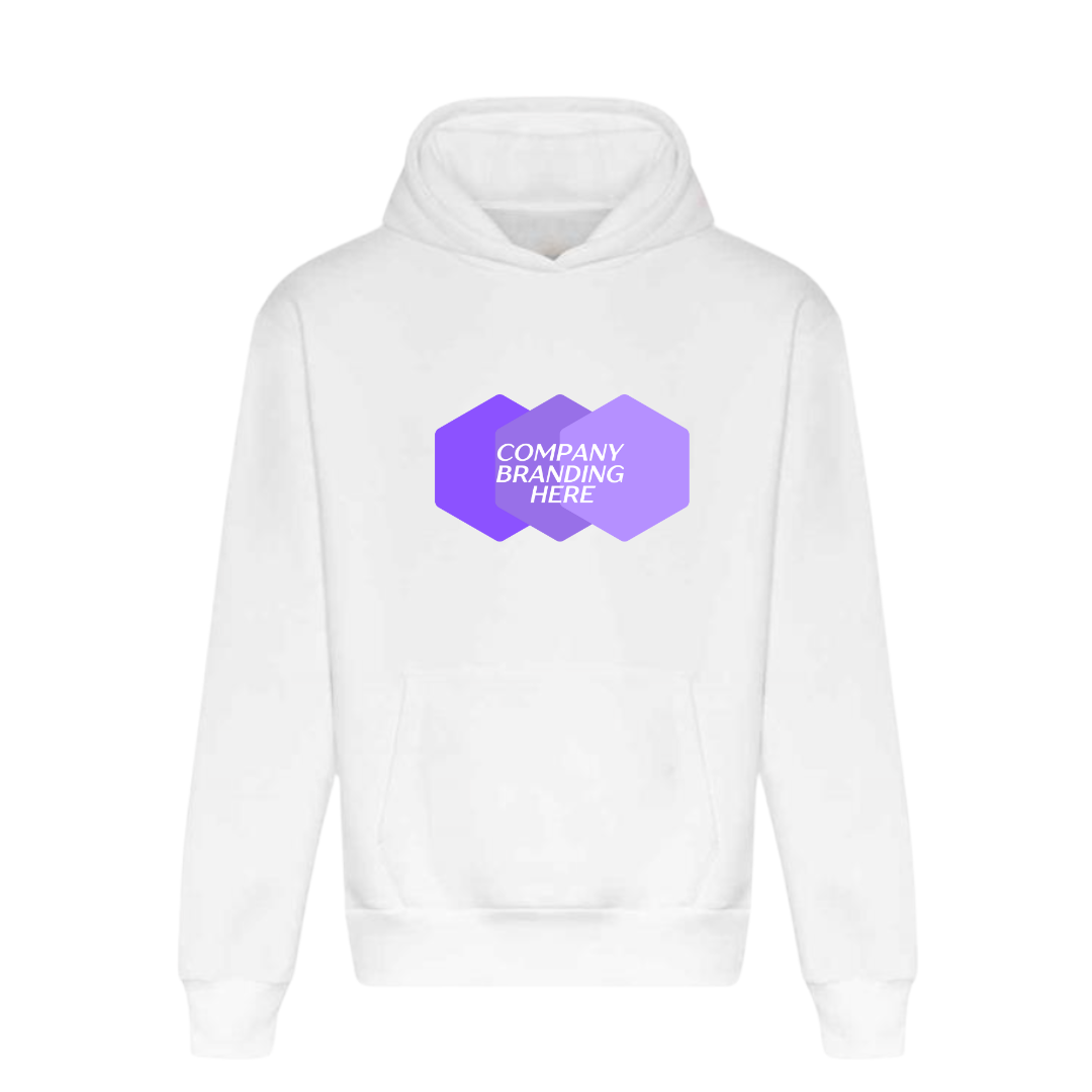 Promotional white hoodie with a high quality company logo printed across the chest