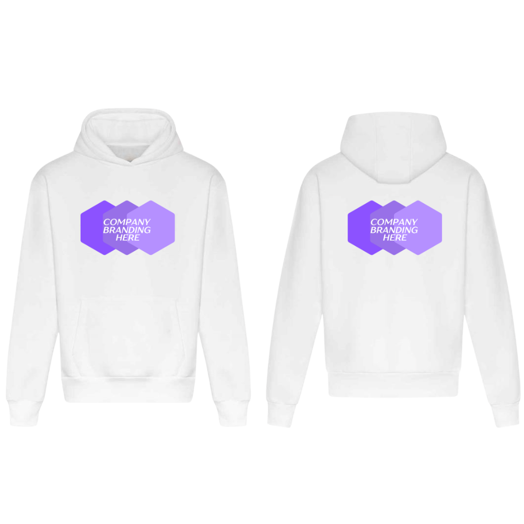 High quality white corporate hoodie featuring a company logo on both the upper left chest and upper back