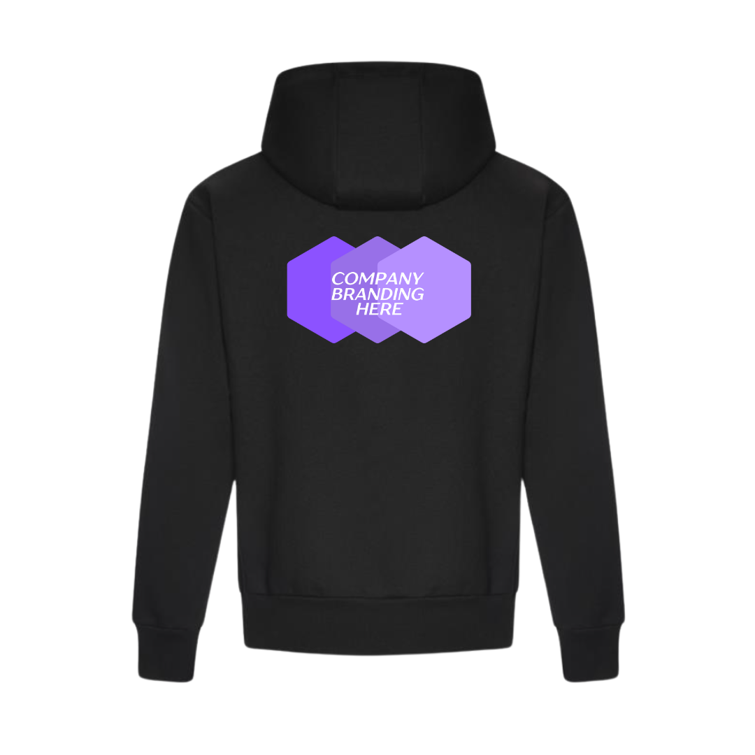 Classic black hoodie, custom-branded with the company logo across the upper back