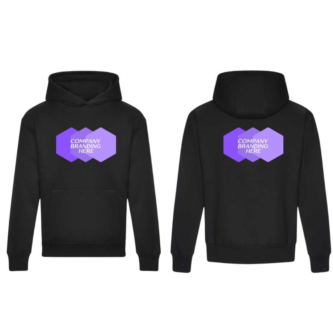 High quality black corporate hoodie featuring a company logo on both the upper left chest and upper back