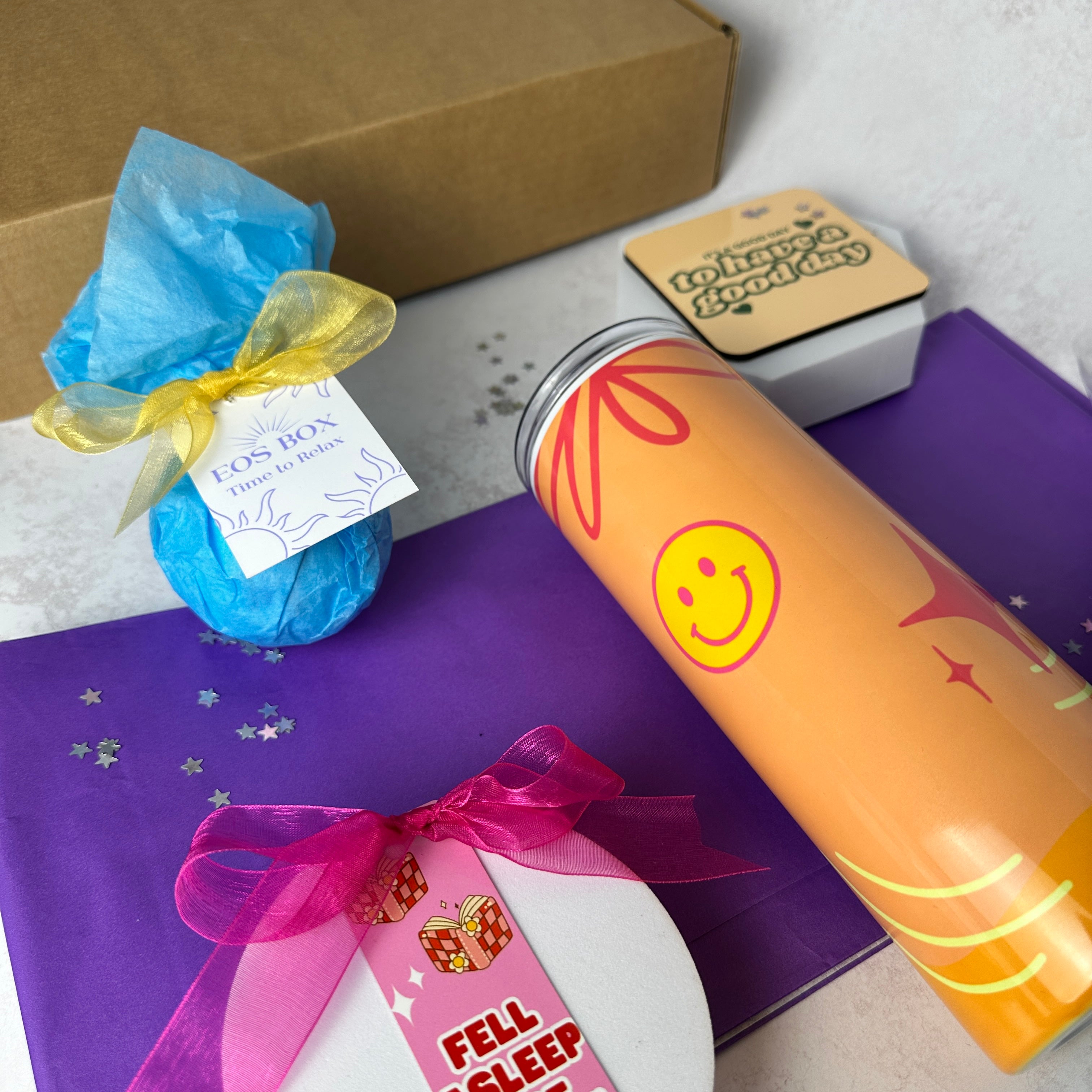 EOS BOX gift box individual items arranged on desk