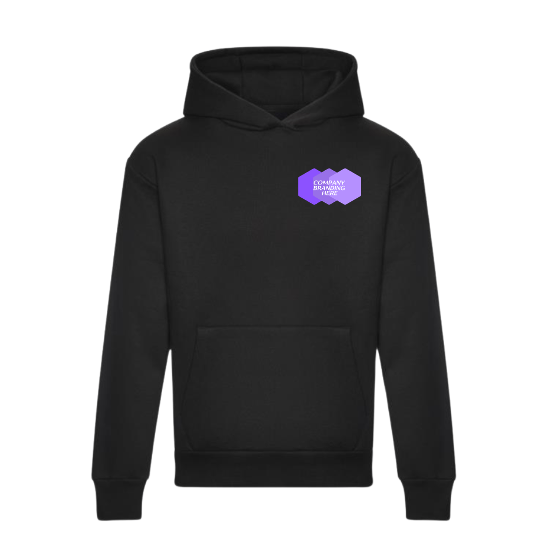 Black corporate branded hoodie with the company logo printed on the top left corner of the chest