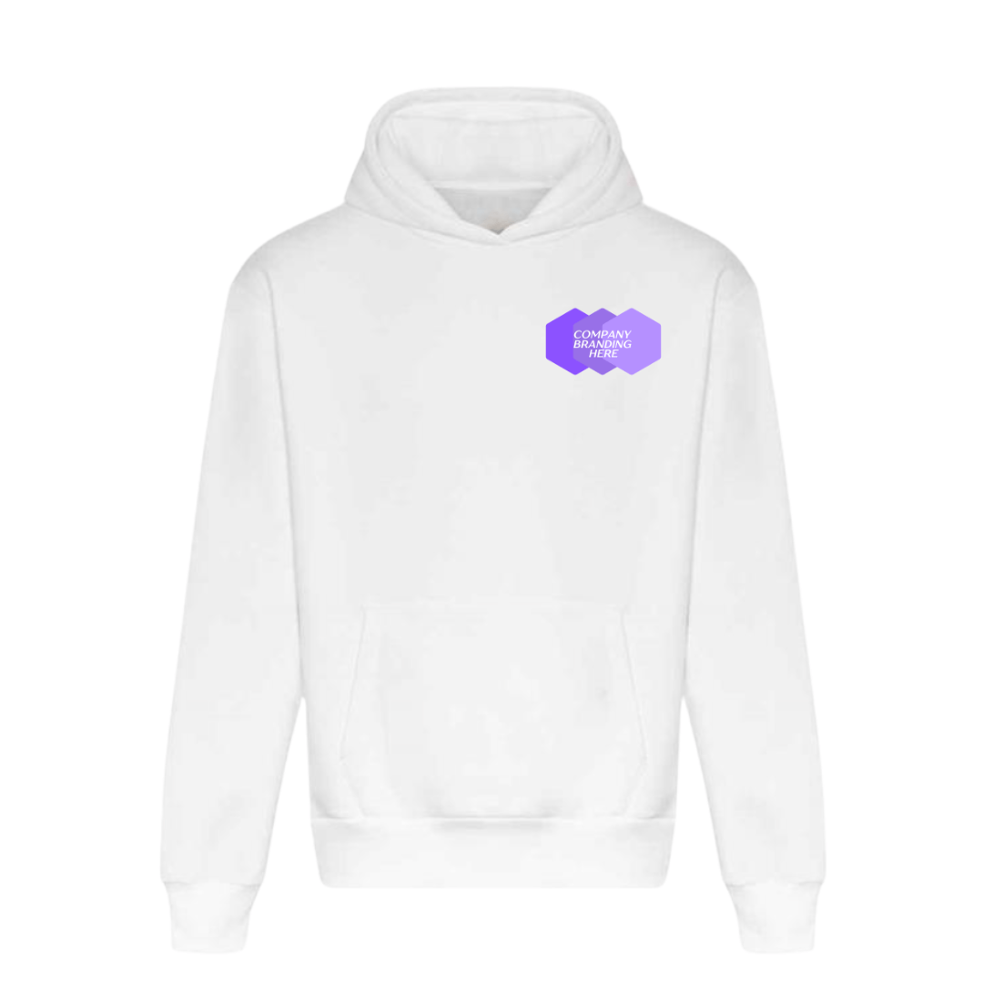 White corporate branded hoodie with the company logo printed on the top left corner of the chest