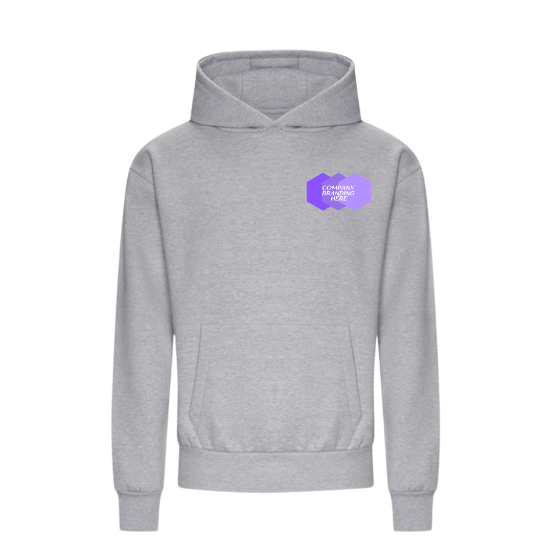 Grey corporate branded hoodie with the company logo printed on the top left corner of the chest