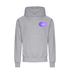 Grey corporate branded hoodie with the company logo printed on the top left corner of the chest