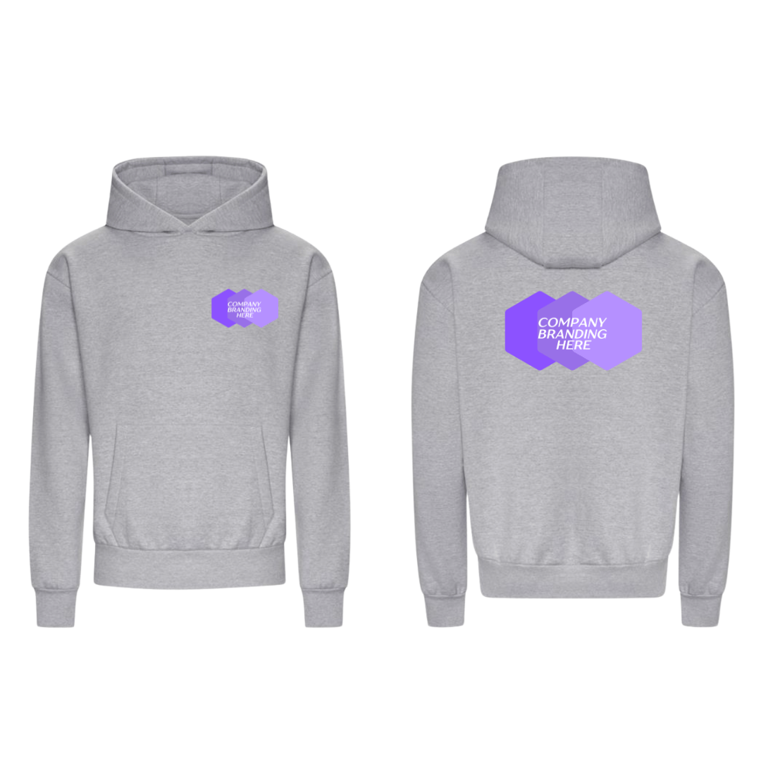 Comfortable grey hoodie featuring branded corporate logo on both the top left corner and upper back