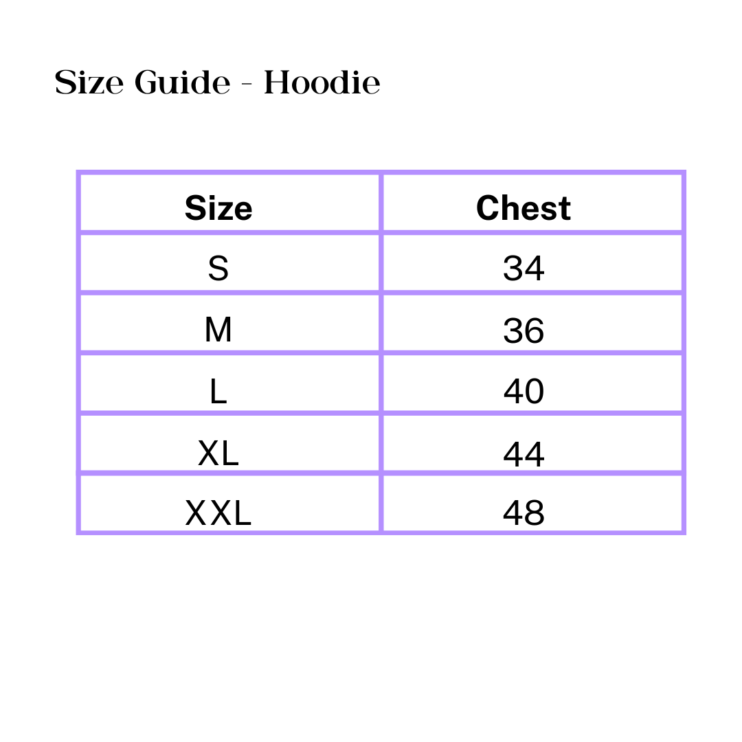 Size chart with measurements for the corporate branded hoodie, showing both mens and womens sizes.