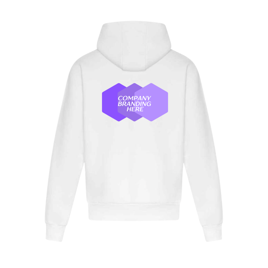 Classic white hoodie, custom-branded with the company logo across the upper back