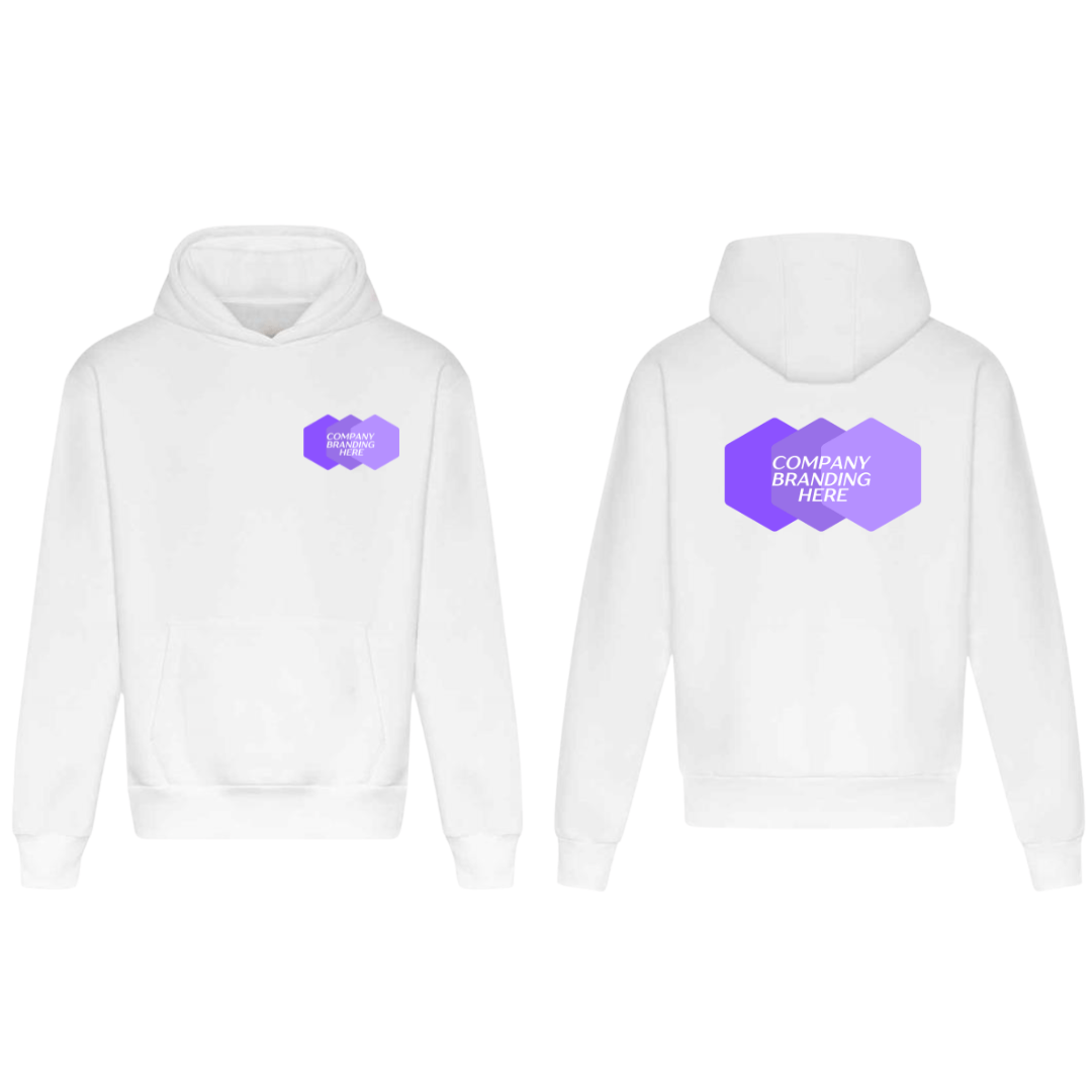 Comfortable white hoodie featuring branded corporate logo on both the top left corner and upper back