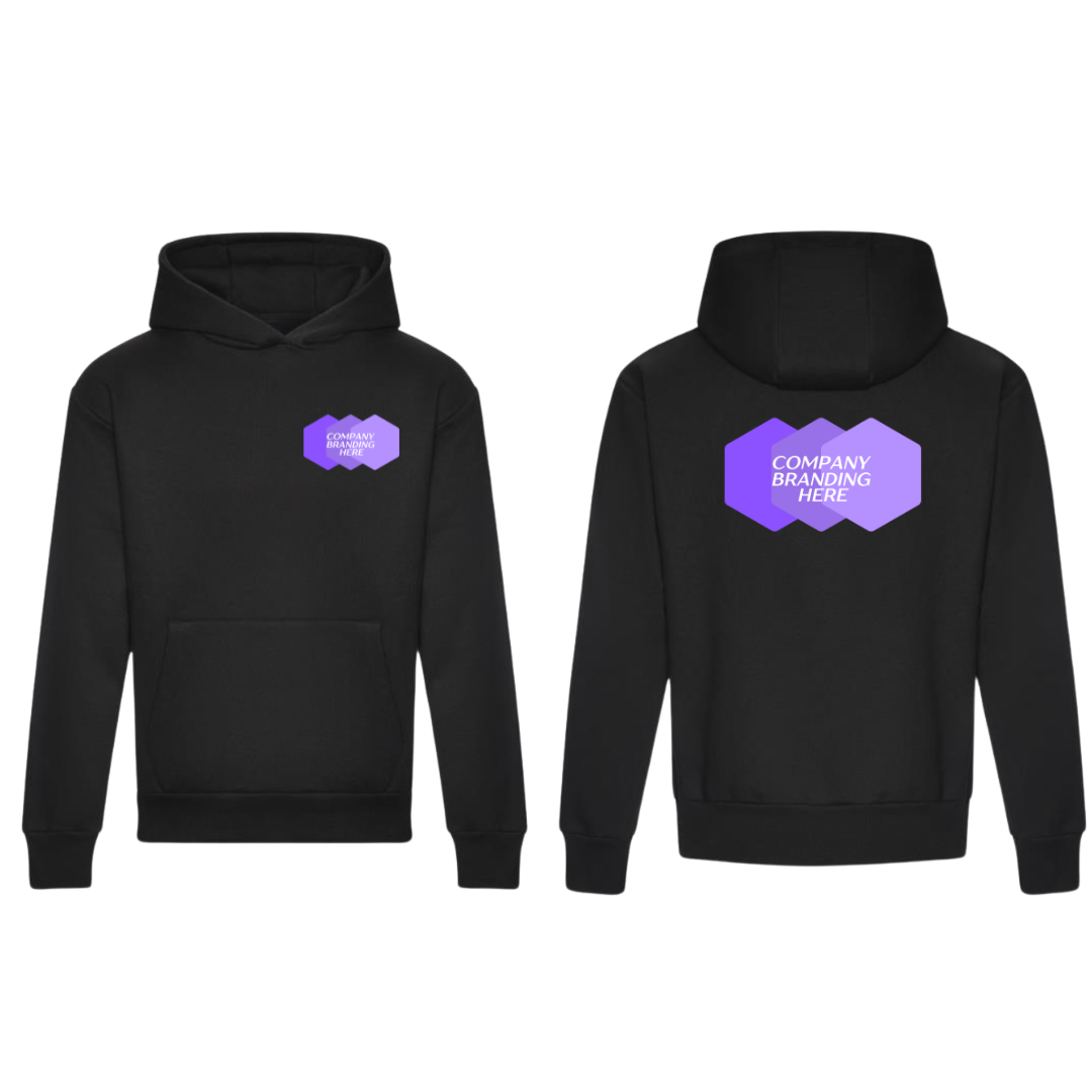 Comfortable black hoodie featuring branded corporate logo on both the top left corner and upper back