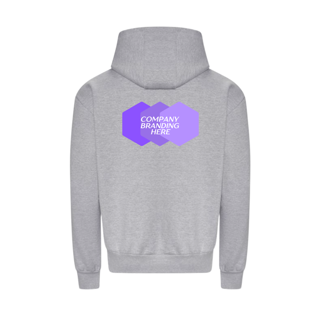 Classic grey hoodie, custom-branded with the company logo across the upper back