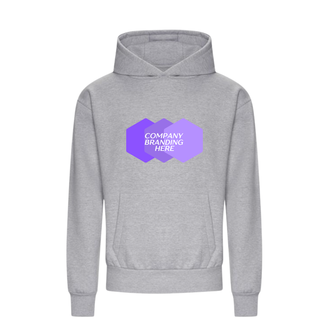 Promotional grey hoodie with a high quality company logo printed across the chest