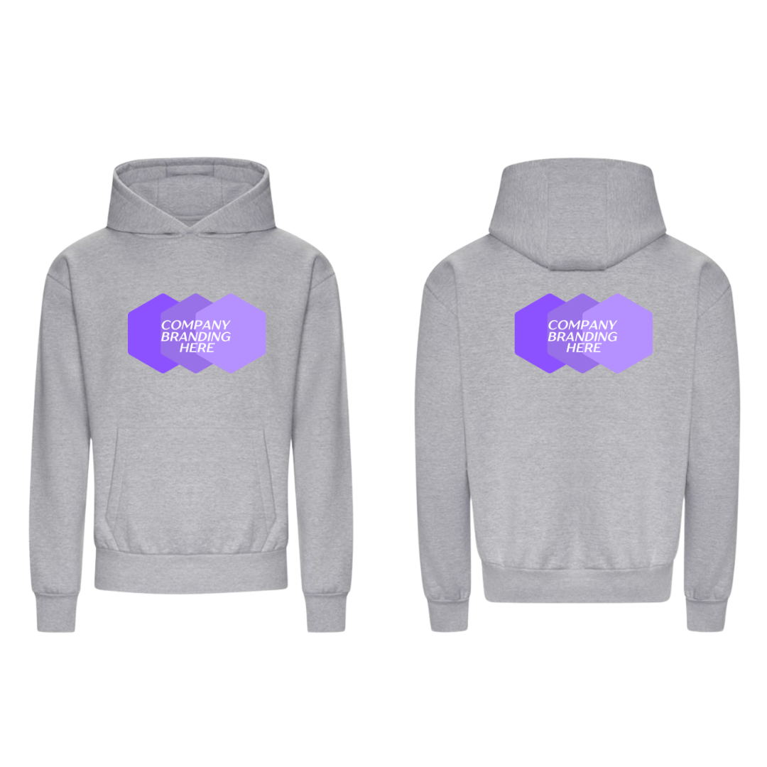 High quality grey corporate hoodie featuring a company logo on both the upper left chest and upper back