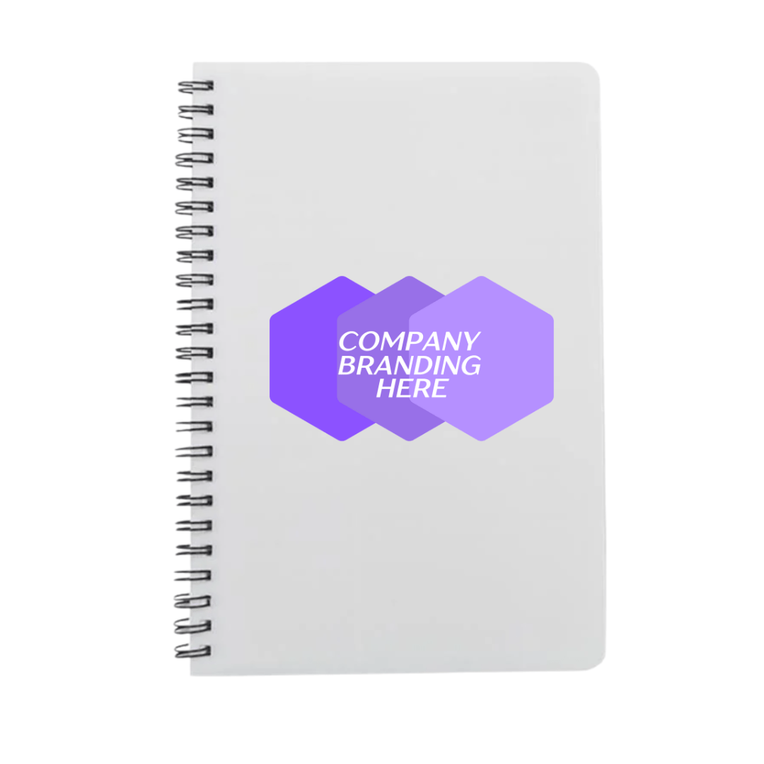 Branded white A5 wiro notebook with purple company logo printed on the front cover.