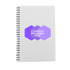 Branded white A5 wiro notebook with purple company logo printed on the front cover.