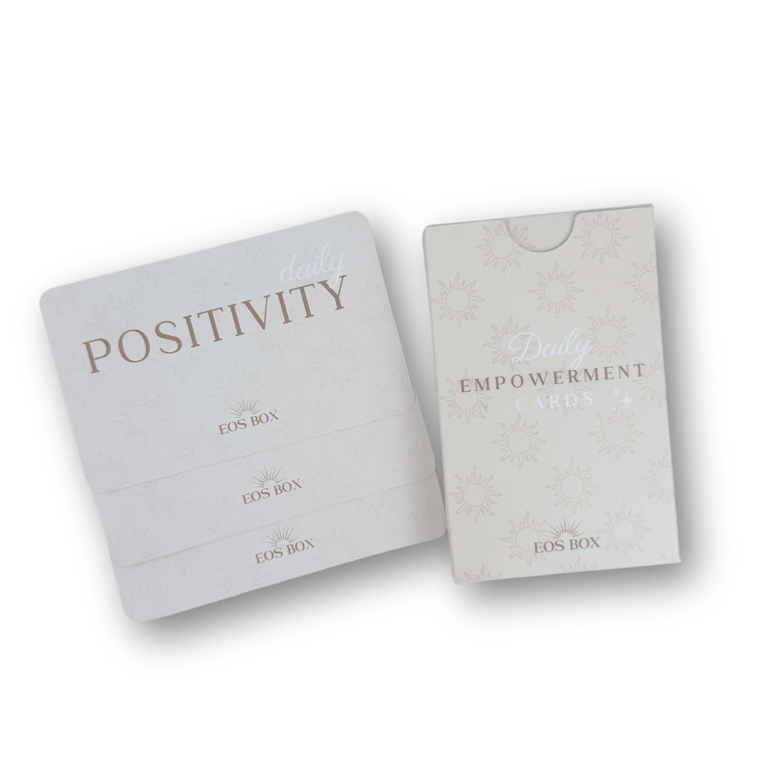 Pack of 30 affirmation cards covering positivity, confidence and purpose. Packaged in a beige box.