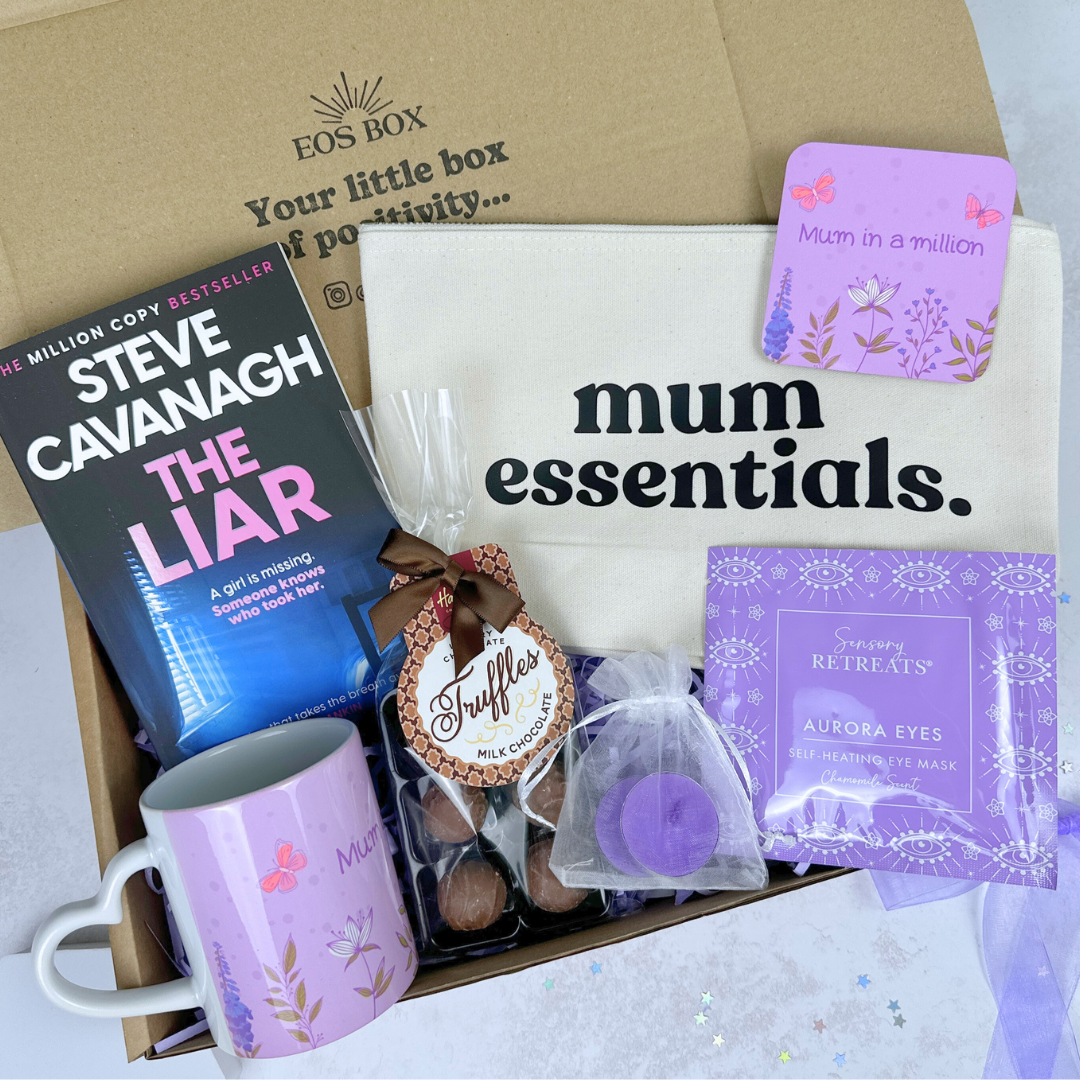 EOS BOX Mothers Day Gift Box containing a book, mug, coaster, chocolate truffles and more.