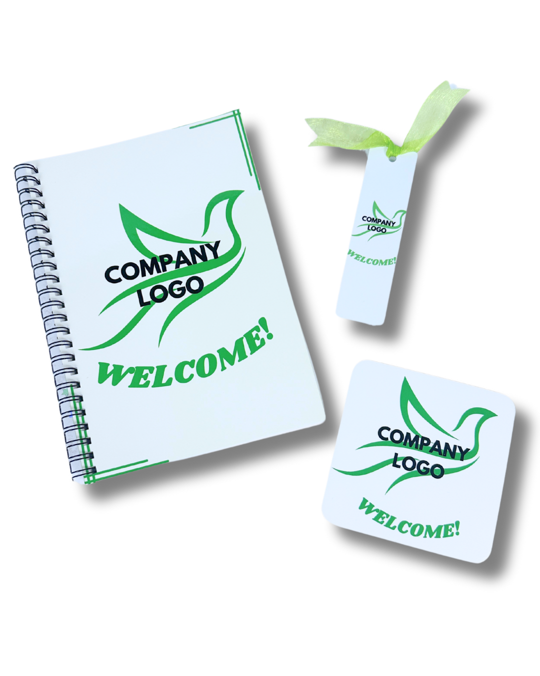 Notepad, coaster and bookmark branded with a custom design. Used to showcase some of the branded items that Refresh By G offer