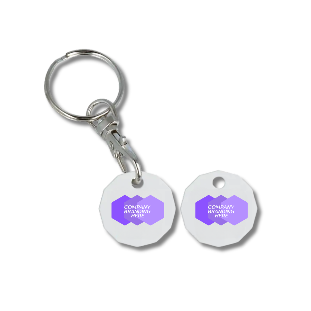 Promotional £1 Trolley Token Keyring with company logo on both sides