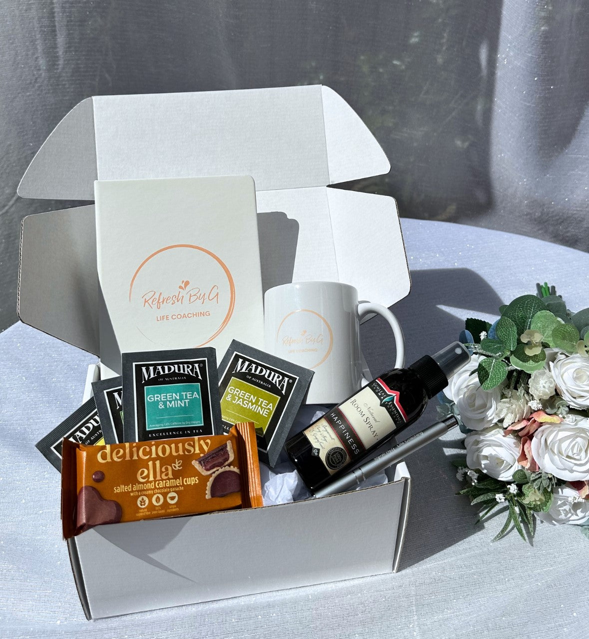 <p>Our first box was made! 🎁 This was a welcome box that was sent out to Georgies coaching clients to help them get started on the right track. It contained items intended to set a calming, productive tone for 1:1 sessions.</p>