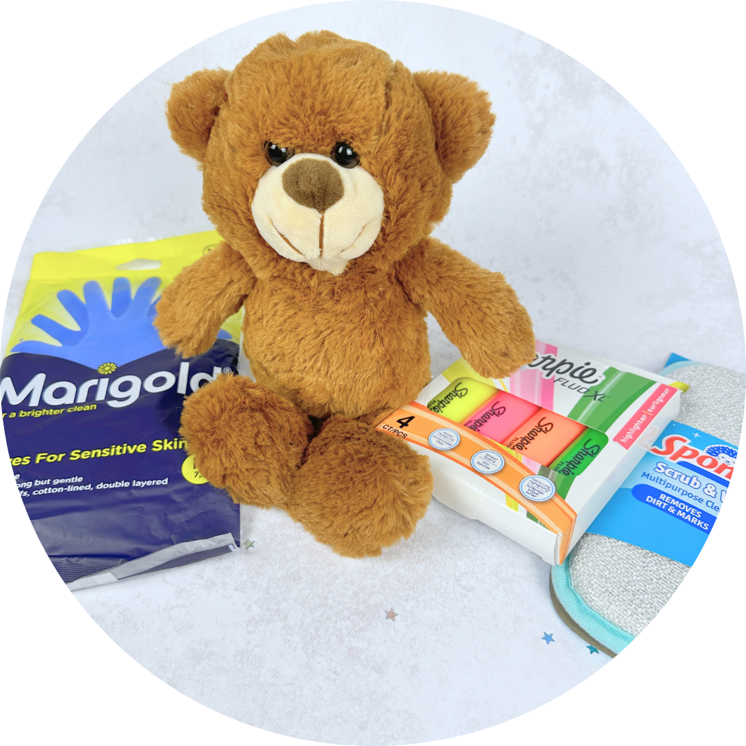 A variety of bespoke items which Refresh By G have sourced for clients in the past. The image shows marigold gloves, a teddy bear and sharpie highlighters.