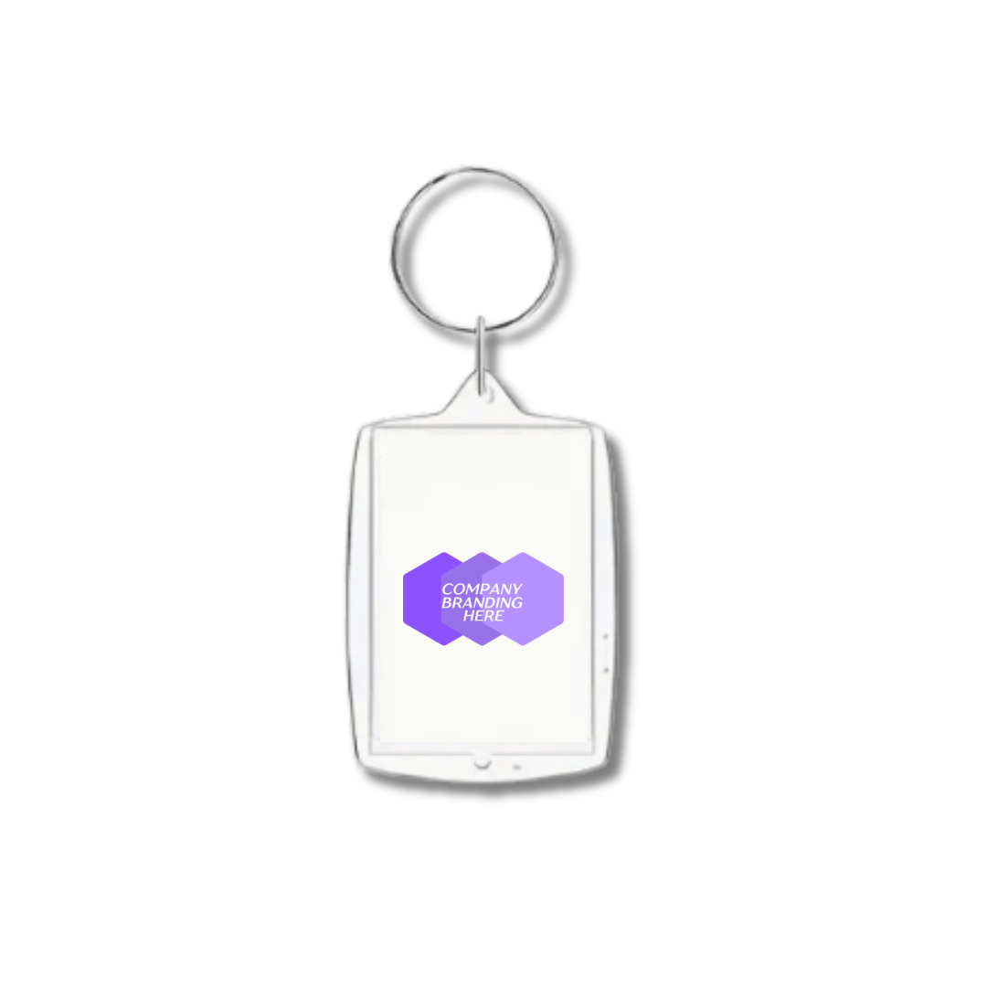 Clear acrylic promotional keyring that includes a branded, full colour paper insert.