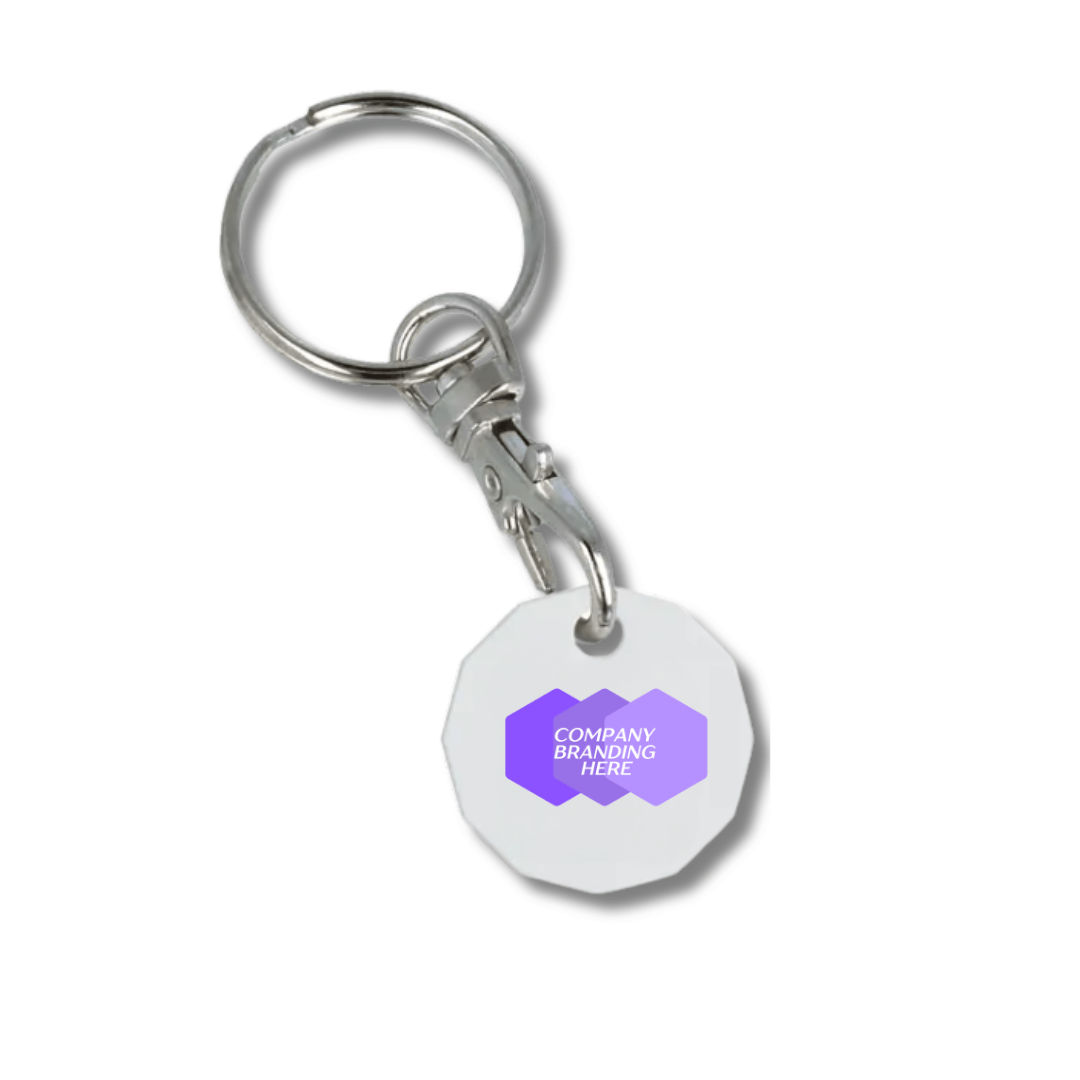Branded £1 Trolley Coin Keyring with company logo on one side