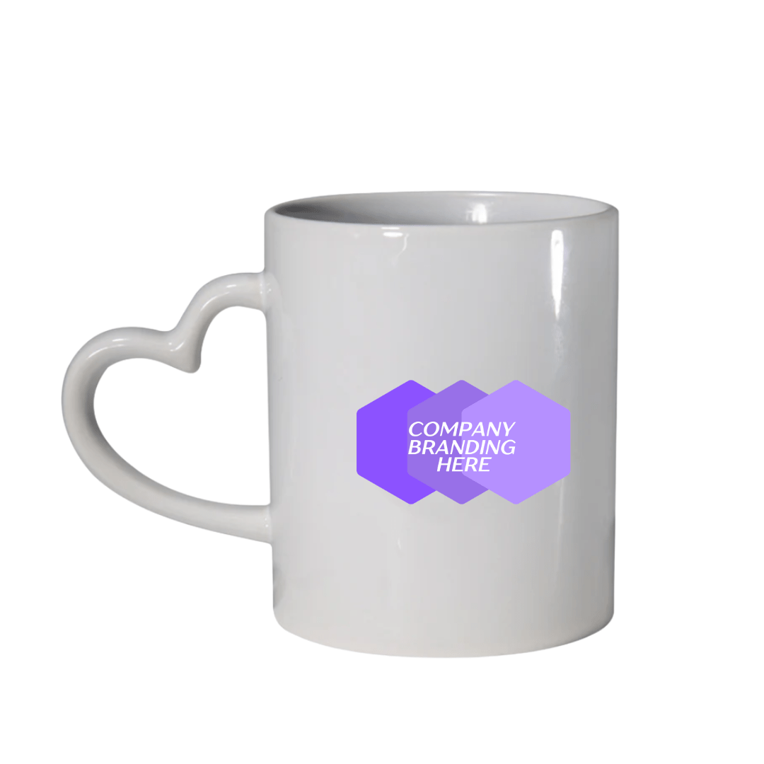 11oz corporate branded mug with love heart handle. The mug is branded in full colour with company logo.