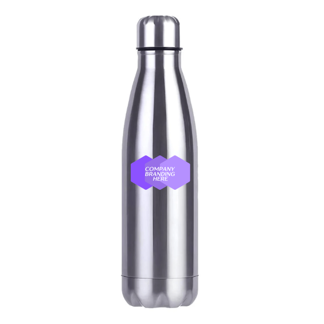 500ml stainless steel water bottle branded with a purple company logo
